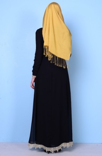Kolu Dantel Detaylı Elbise 2540-17 Siyah Sarı