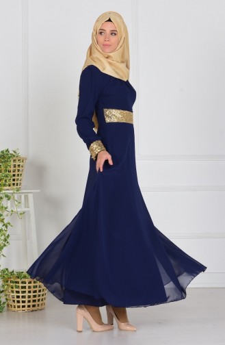 Navy Blue Hijab Evening Dress 2398-17