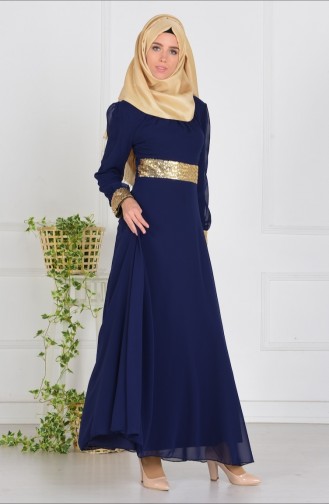 Navy Blue İslamitische Avondjurk 2398-17