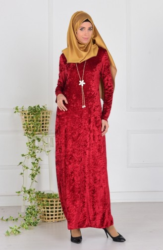 Kolyeli Kadife Elbise 4002-02 Bordo