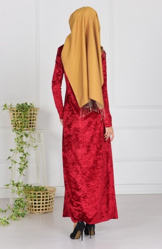 Kolyeli Kadife Elbise 4002-02 Bordo