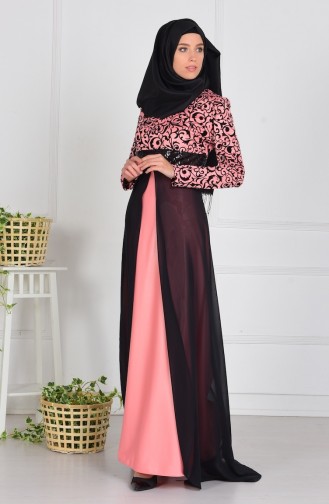 Robe De Soirée a Motif et Paillette 1017-01 Rose 1017-01