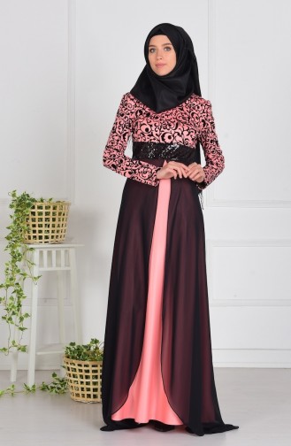 Robe De Soirée a Motif et Paillette 1017-01 Rose 1017-01