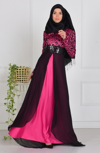 Fuchsia Hijab Evening Dress 1017-04