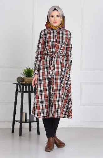 Kuşaklı Düğmeli Poly Viskon Tunik 1034-05 Kiremit