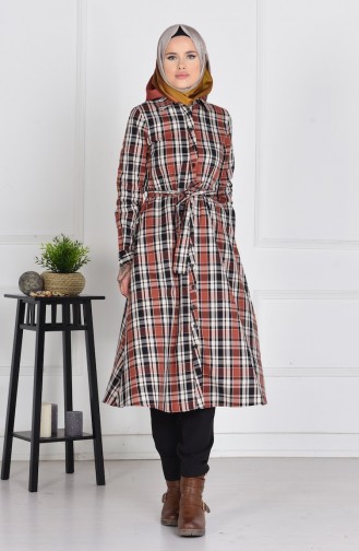 Kuşaklı Düğmeli Poly Viskon Tunik 1034-05 Kiremit