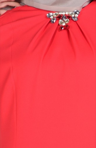 Krep Taş Detaylı Elbise 1034-03 Mercan