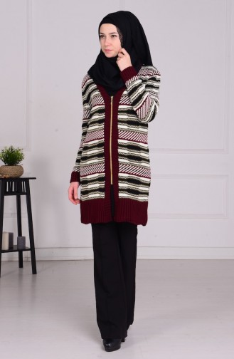 Desenli Fermuarlı Hırka 3790-01 Bordo