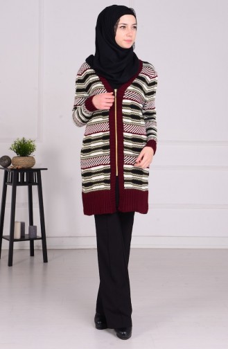 Desenli Fermuarlı Hırka 3790-01 Bordo