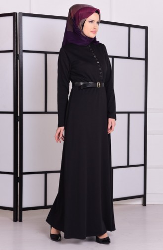 Kemerli Çelik Elbise 7227-02 Siyah