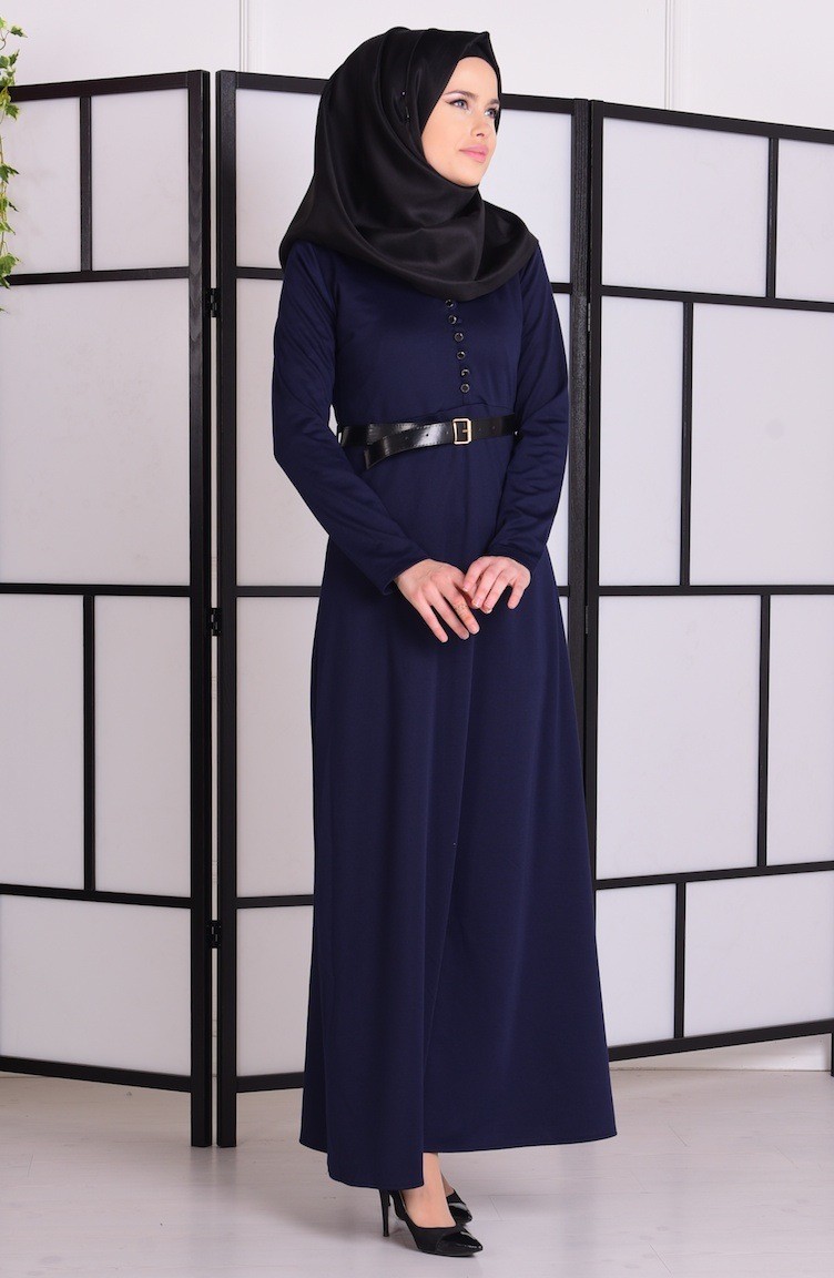 Kemerli Çelik Elbise 7227-08 Lacivert