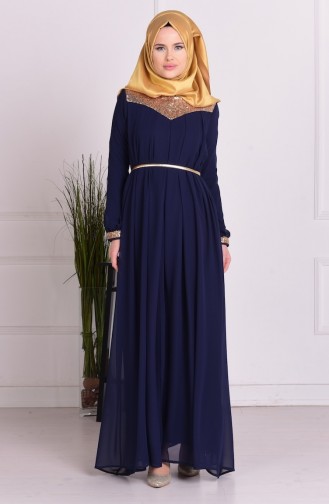 Payetli Şifon Elbise 1041-02 Lacivert