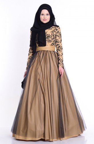 Robe de Soirée Imprimée 1087-02 Gold Noir 1087-02