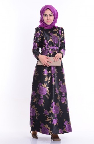 Robe Taffetas a Ceinture 1704-02 Noir Pourpre 1704-02