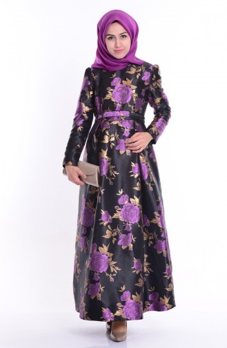 Robe Taffetas a Ceinture 1704-02 Noir Pourpre 1704-02