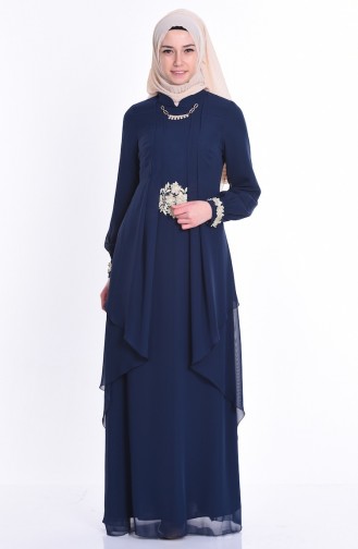Navy Blue Hijab Evening Dress 52546-03