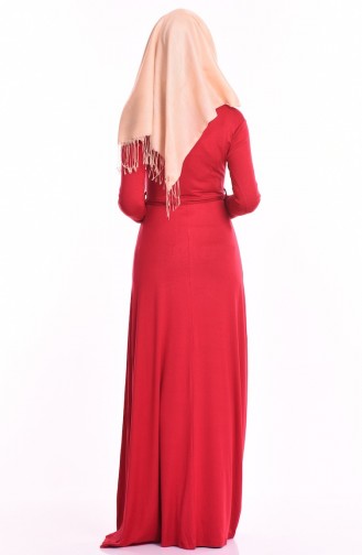İpli Kemerli Penye Elbise 0751-04 Kırmızı