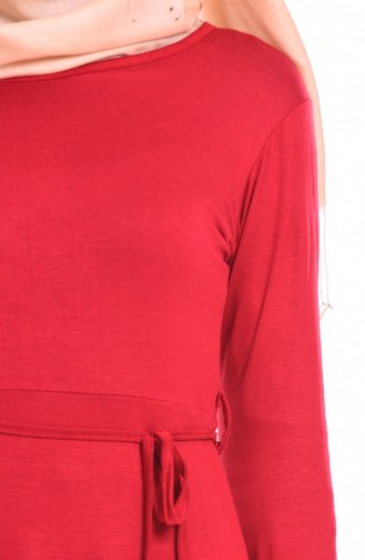 İpli Kemerli Penye Elbise 0751-04 Kırmızı