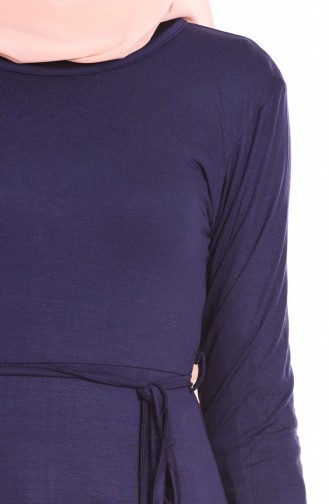Büyük Beden İpli Kemerli Penye Elbise 0751B-08 Lacivert