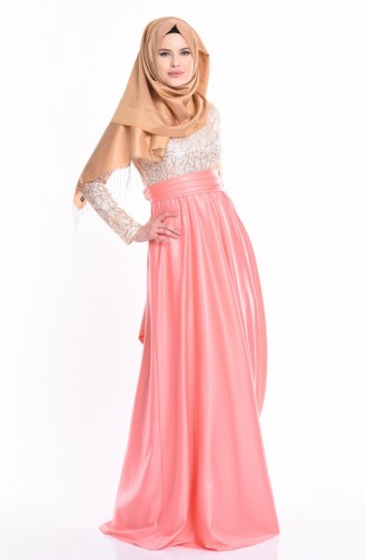 Sequin Embroidered Evening Dress 1043-07 Salmon 1043-07