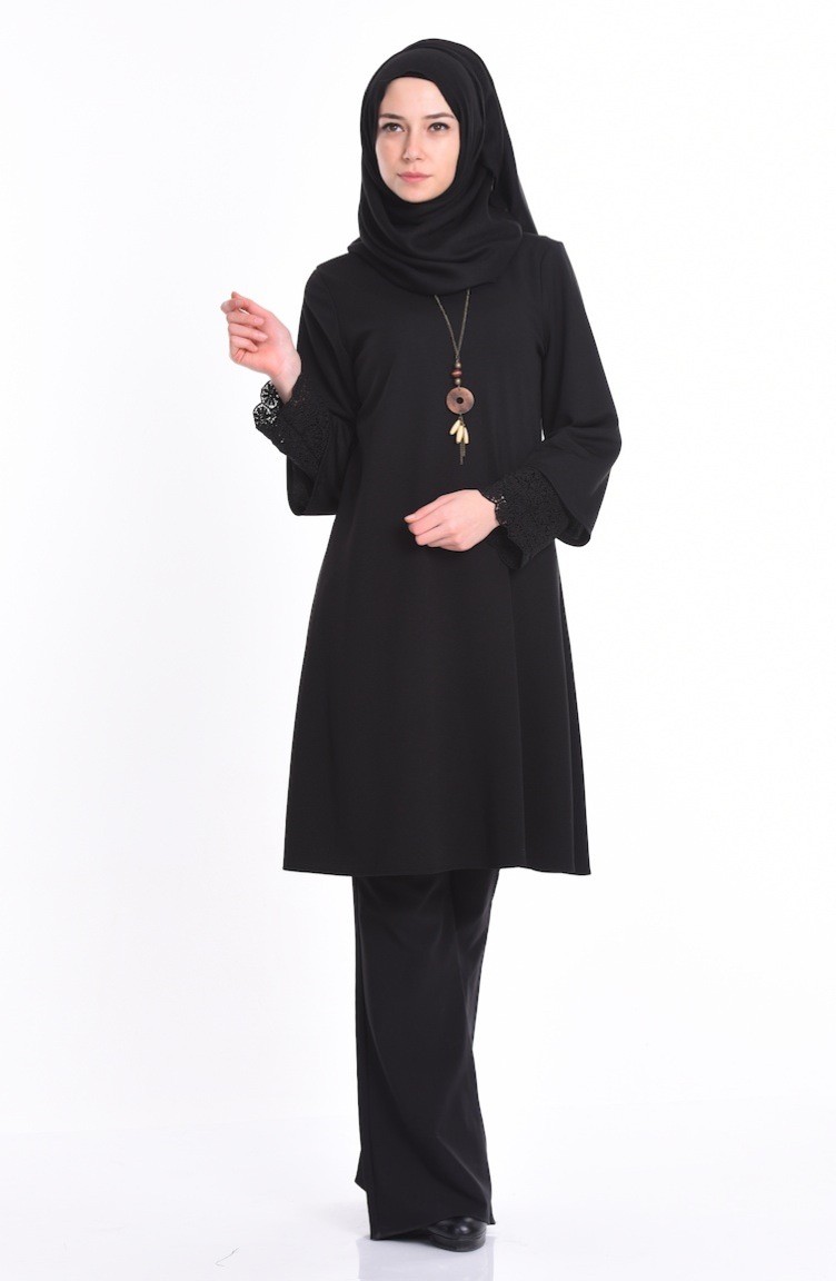 Siyah Gul Kurusu Kolu Tullu Klos Tunik 52026 Allday