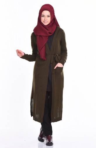 Hooded Long Tricot Cardigan 3152-02 Khaki Green 3152-02