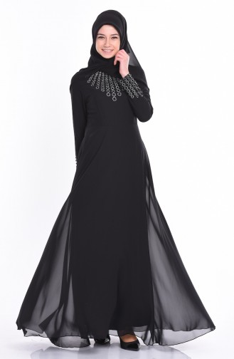Şifon Taş Baskılı Elbise 1715-01 Siyah
