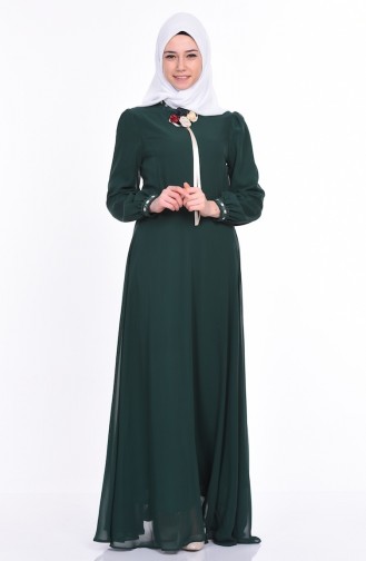 Yaka İşlemeli Şifon Elbise 4101-03 Koyu Yeşil
