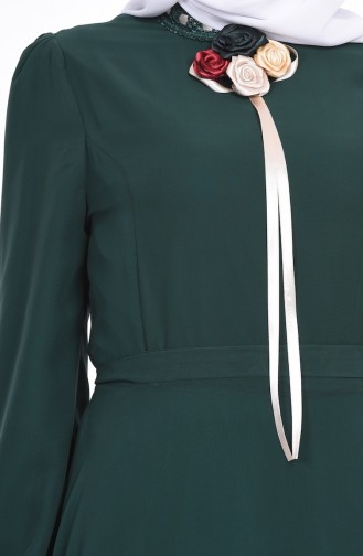 Yaka İşlemeli Şifon Elbise 4101-03 Koyu Yeşil