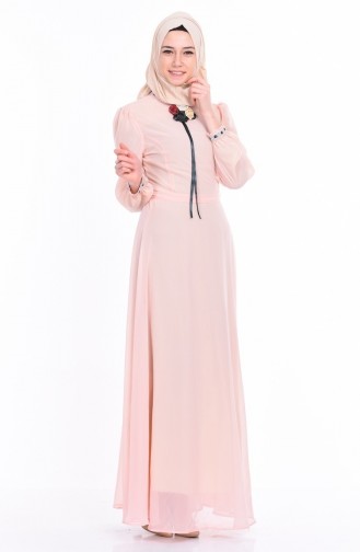 Yaka İşlemeli Şifon Elbise 4101-04 Pudra