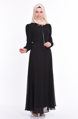 Yaka İşlemeli Şifon Elbise 4101-05 Siyah