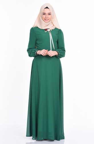 Yaka İşlemeli Şifon Elbise 4101-06 Yeşil
