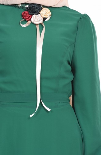 Yaka İşlemeli Şifon Elbise 4101-06 Yeşil
