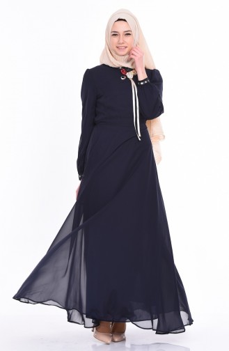 Yaka İşlemeli Şifon Elbise 4101-09 Lacivert