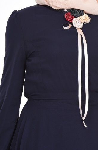 Yaka İşlemeli Şifon Elbise 4101-09 Lacivert