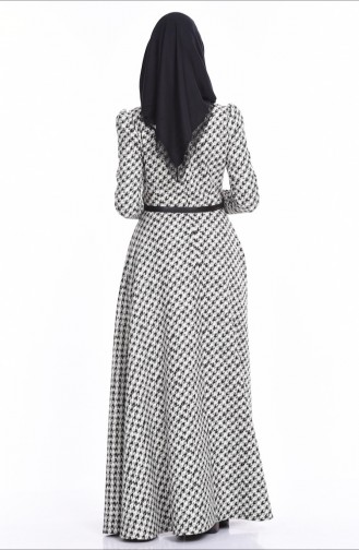 Biye Detaylı Kemerli Elbise 7063-04 Siyah Beyaz
