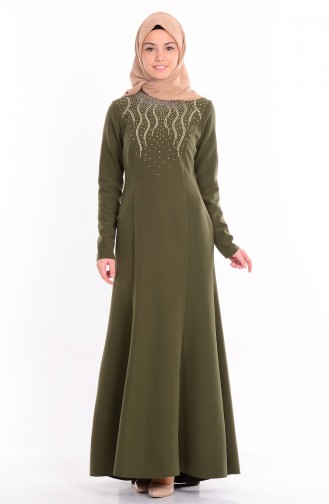 Taş Baskılı Elbise 1722-01 Haki Yeşil