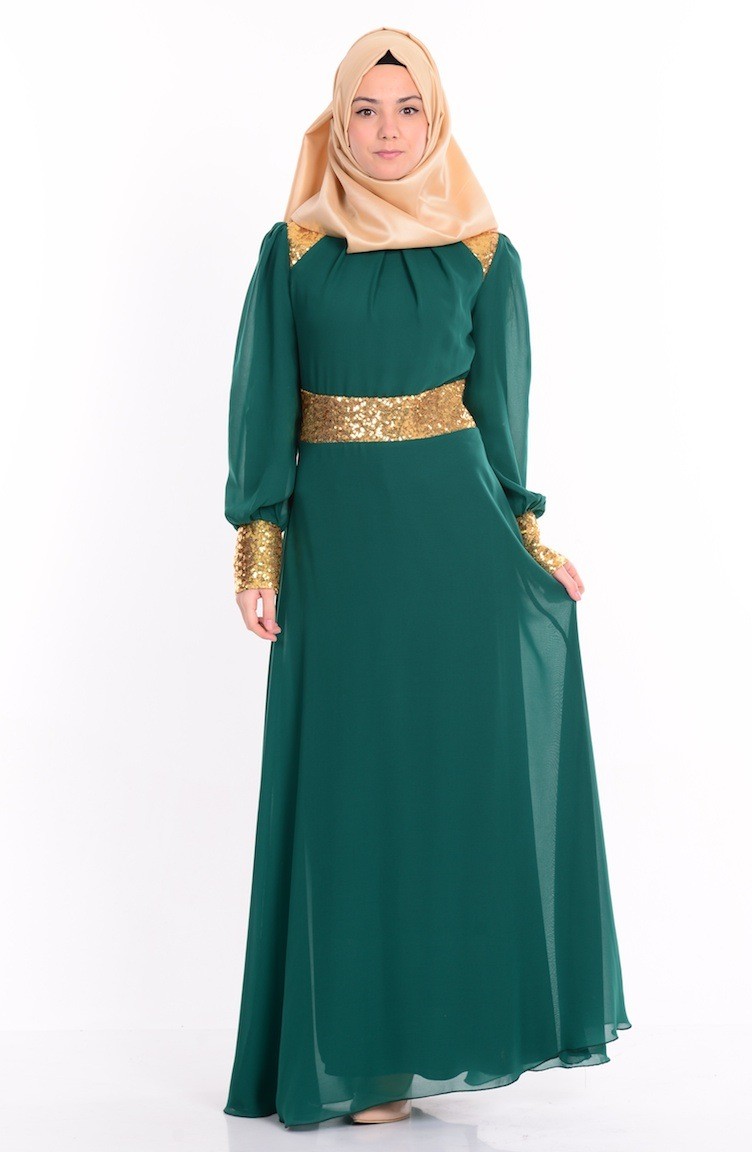 Dark Green Hijab Evening Dress 2428-14 | Sefamerve