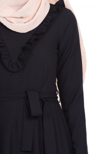 Fırfır Detaylı Krep Elbise 0102-04 Siyah
