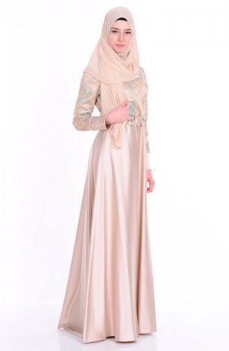 Beige Hijab Evening Dress 6885-01