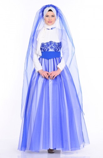 Lace Detailed Evening Dress 1092-02 Saxe Blue Ecru 1092-02