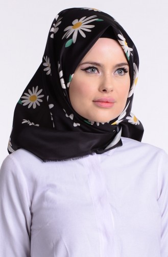 Dijital Papatya Tafta Eşarp 60003-07 Yeşil Siyah