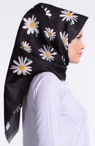 Dijital Papatya Tafta Eşarp 60003-07 Yeşil Siyah