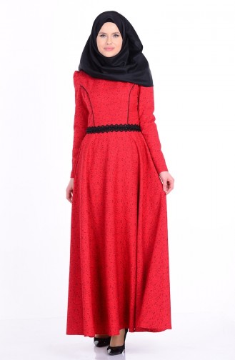 Güpür Detaylı Kloş Elbise 7060-05 Kırmızı