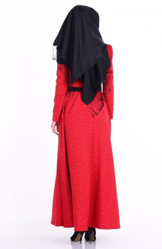 Güpür Detaylı Kloş Elbise 7060-05 Kırmızı