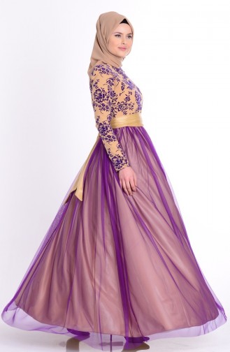 فستان سهرة بتصميم مُطبع 1087-06 لون ارجواني وذهبي 1087-06