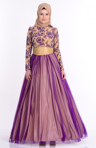 Flocked Printed Evening Dress 1087-06 Plum Gold 1087-06