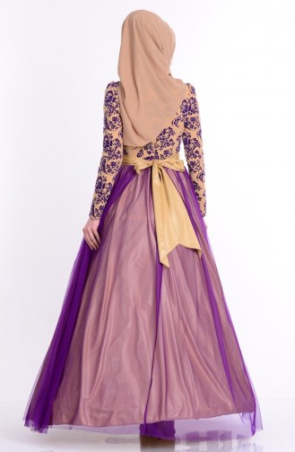 Flocked Printed Evening Dress 1087-06 Plum Gold 1087-06