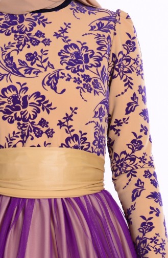 فستان سهرة بتصميم مُطبع 1087-06 لون ارجواني وذهبي 1087-06