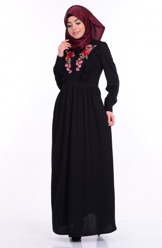 Nakışlı Fırfırlı Elbise 7240-01 Siyah